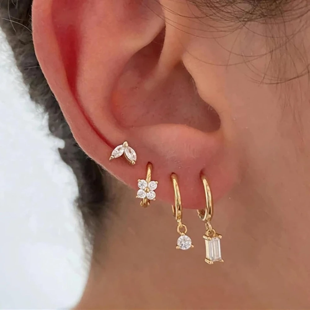 4pair Dainty Clear Cubic Zircon Geometric Mini Huggie Hoop Earrings Set 18K Gold Plated Cartilage Piercing Jewelry Female Gifts