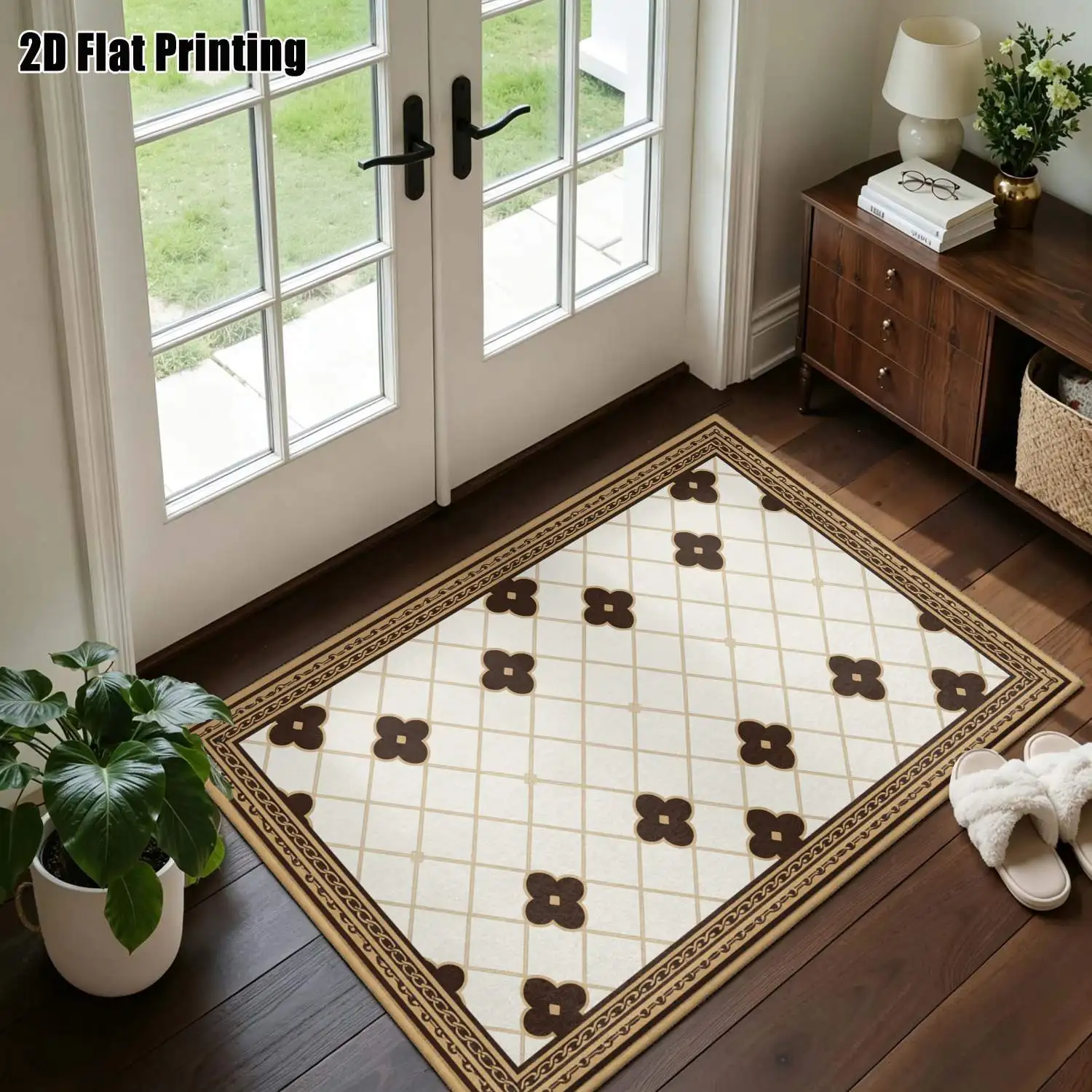 1Pc 2D Printed Carpet: Deep Brown Four-Leaf Floral Pattern, Retro & Modern Minimalist, Home Decor, Multi-Size, Machine Washable, Multi-Scene Use