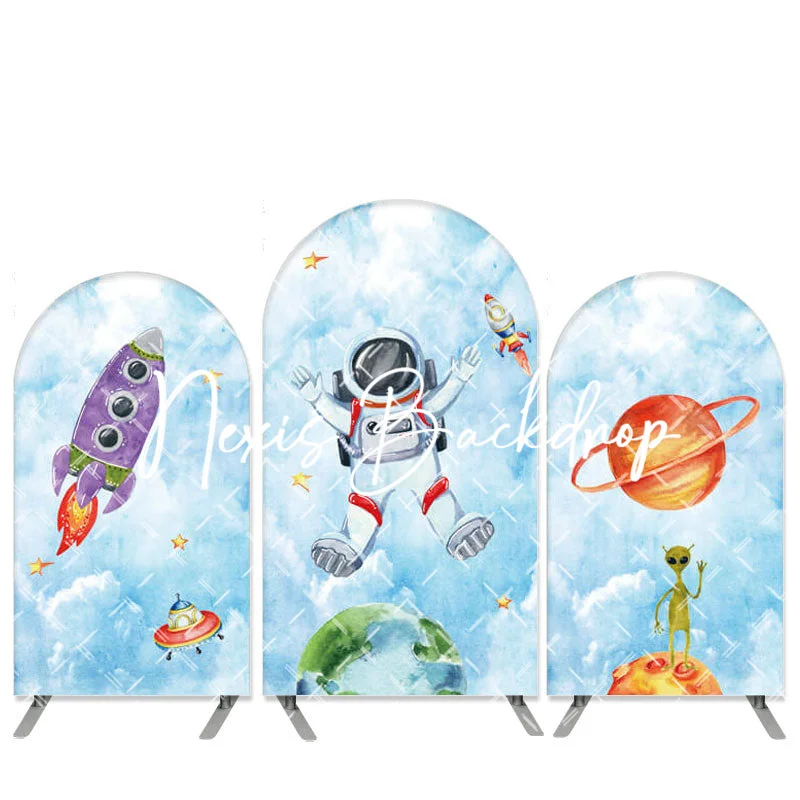 Cute Rocket Astronaut Arch Backdrop for Baby Boy Kids Planet Aliens Birthday Party Background School Activity Pupils Banner