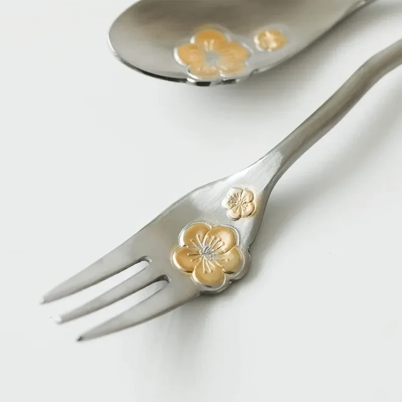 Elegant Japanese Style Sakura Coffee Spoon Stainless Steel Stirring Spoon Dessert Fork for Tea Cake Kitchen Tableware Gift