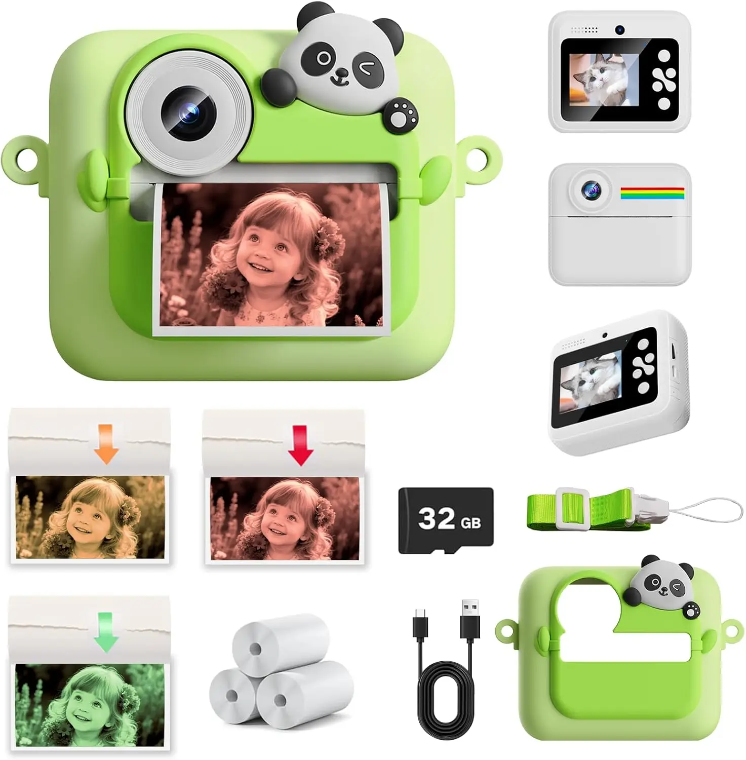 

Kids Camera Instant Print with Color Printing Paper and 32GB Card, Front Rear Dual Selfie Kids Camera with 1080P Videos