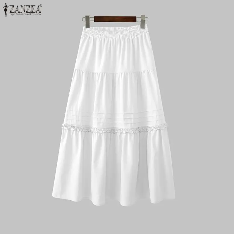 ZANZEA Fashion Summer Women Skirts Pleated Long Skirts Solid Color Vestidos Streetwear Bottoms OL Work Party Skirts Oversize