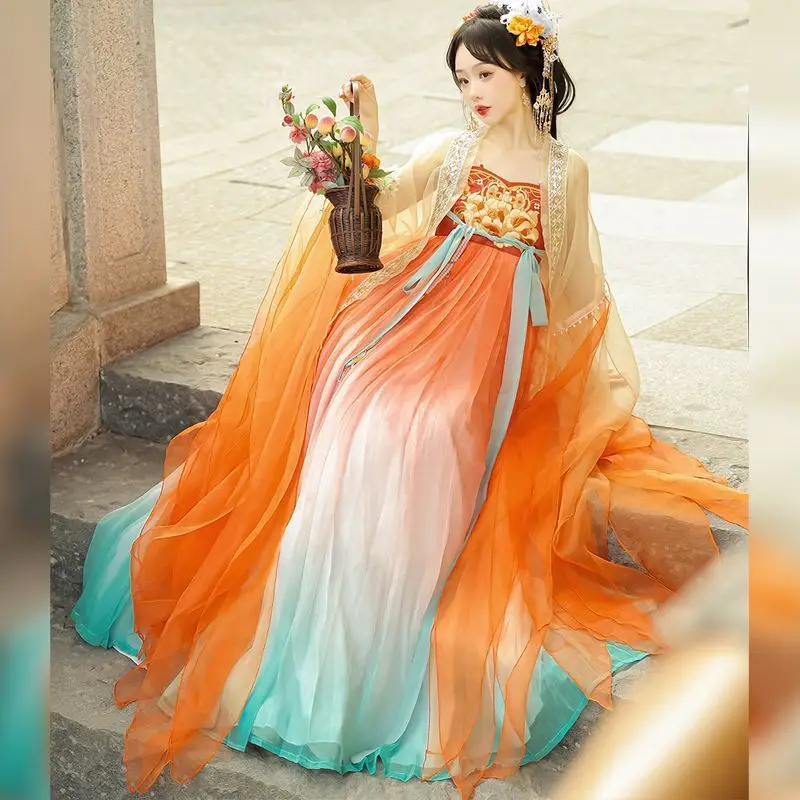 Chinese Hanfu Dress Women Cosplay Costume Party Outfit Ancient Chinese Tang Dynasty Hanfu Gradient Orange Dress Tang Suit