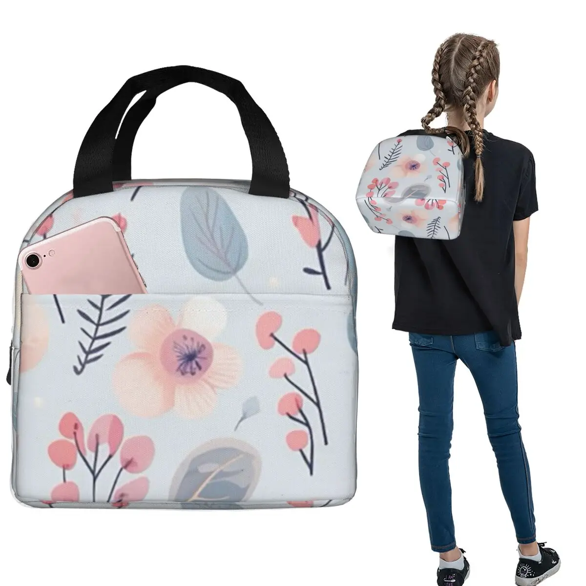 

Сумки для обеда с цветочным цветком и любовью, изолированная коробка для бенто, водонепроницаемая сумка для обеда, герметичные сумки для пикника для женщин, студентов, работы