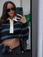 FDYOUI Vintage Polo Shirts Women 2026 Retro Long Sleeve Striped Cropped Tops Streetwear Ladies Casual T-shirt Sports Golf Wear - Image 4