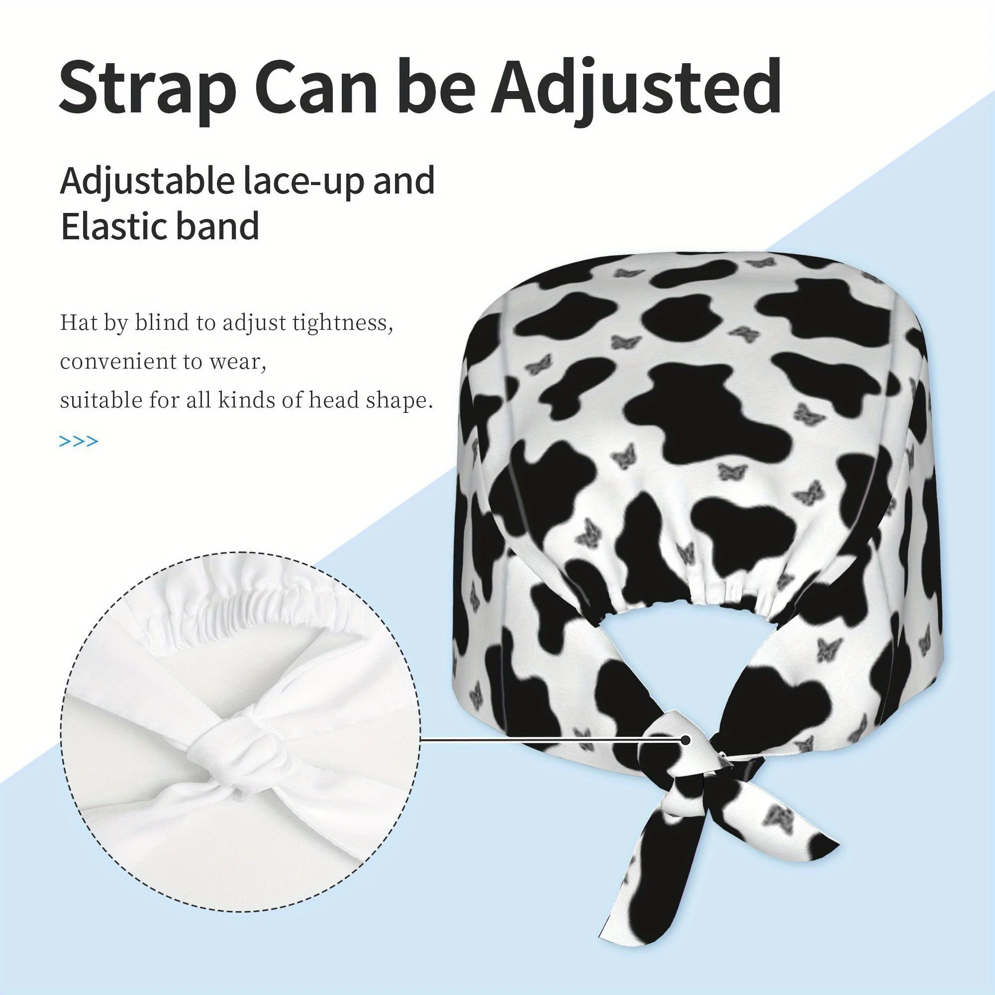 Black White Cow Print Scrub Cap Cute Butterfly Spots Pattern Hat Adjustable Tie‑back Medical Work Cap for Nurses