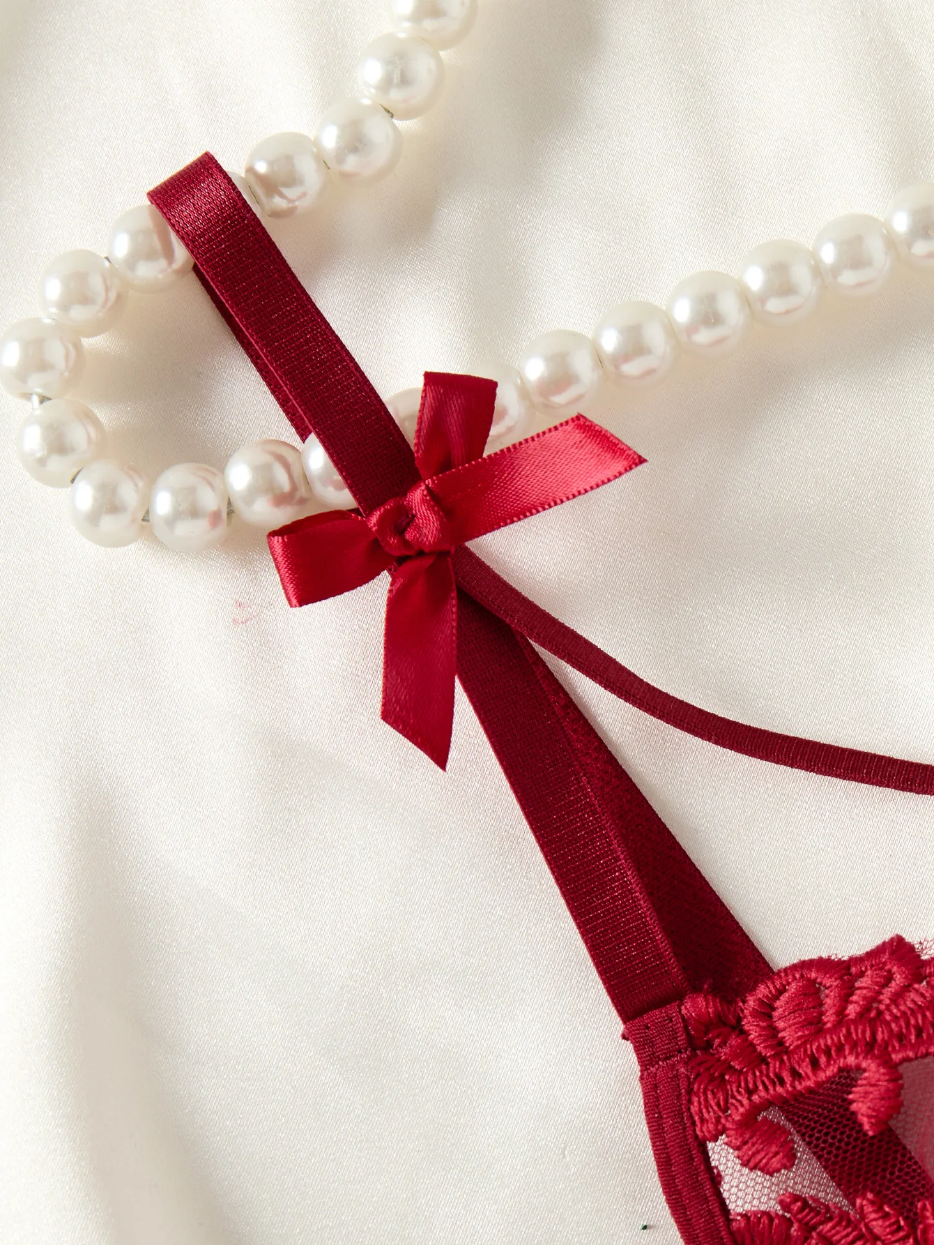 ثوب نوم شبه شفاف مطرز بأذن القمح باللون الأحمر الخمري للسيدات، أنيق ومريح، تصميم على شكل فيونكة ZA825066 #4