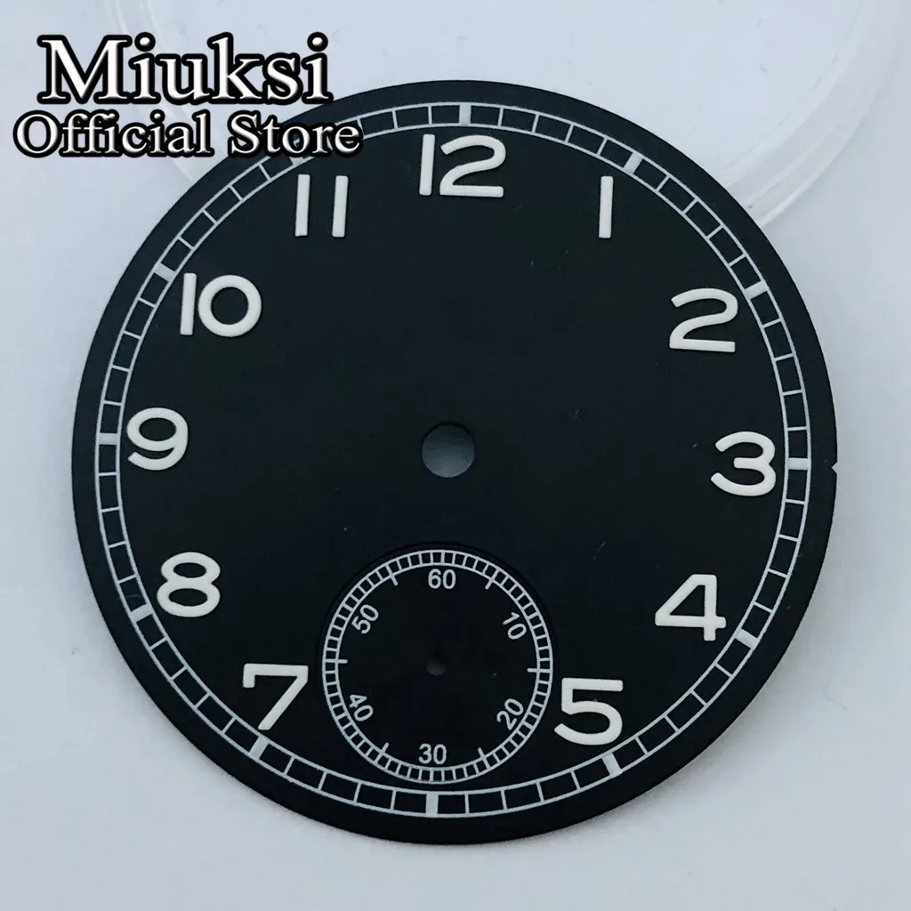 Miuksi 37mm black white blue watch dial luminous fit ETA 6498 Seagull ST3620 series movement