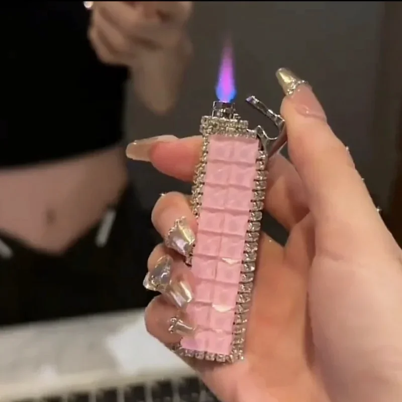 

New Diamond Inlaid Inflatable Pink Lighter Windproof Jet Flame Fashionable Portable Lighter Cigarette Accessories Women's Gift