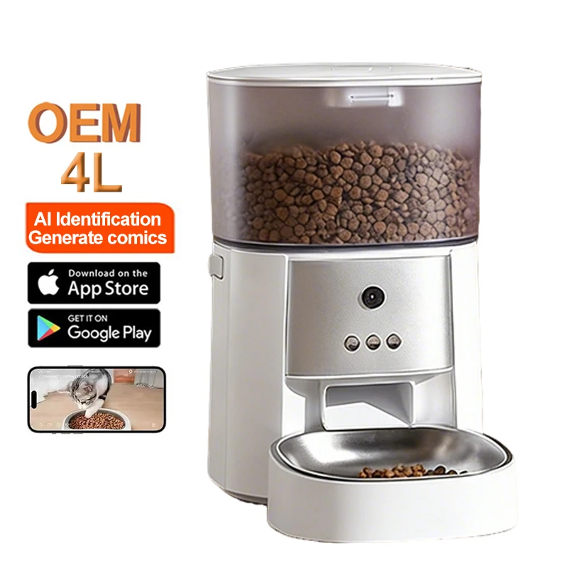 

2026 OEM 4L Automatic Cat Feeder with Camera Smart Pet Feeder Mult-Cats AI Identification Generate Comics Dog Dry Food Dispenser