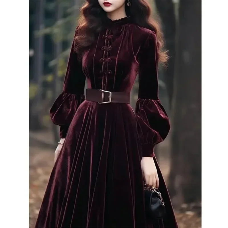 Autumn Women\'s Velvet Dress New Fashion Evening Party Long Dress Style Super Beautiful Purple Red Velvet Dresses Vestidos A256