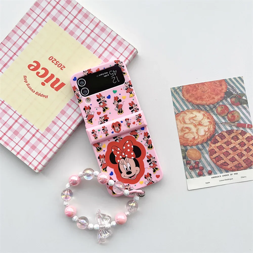 Disneies Minnie Mickey with Lanyard Phone Case for Samsung Galaxy Z Flip 3 4 Z Flip 5 6 5G PC Hard Anti-drop Back Cover Funda