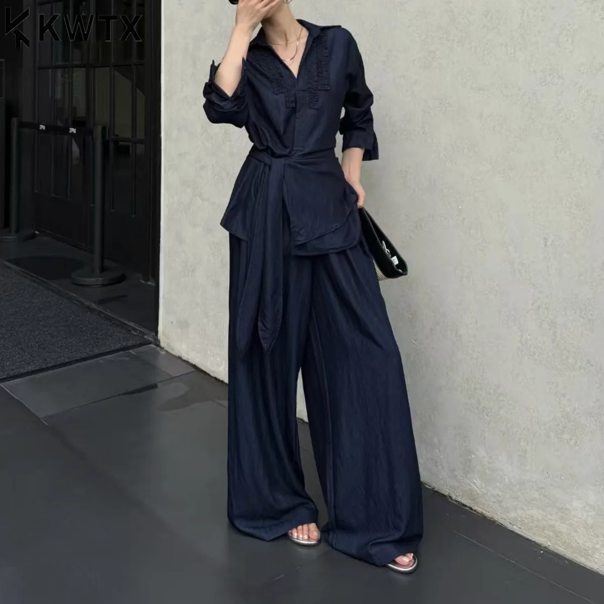 

KWTX женский повседневный комплект из двух предметов, весна-лето, однотонный воротник Питера Пэна, завязка на талии, длинный рукав, высокая талия, широкие ноги, шикарный, элегантный