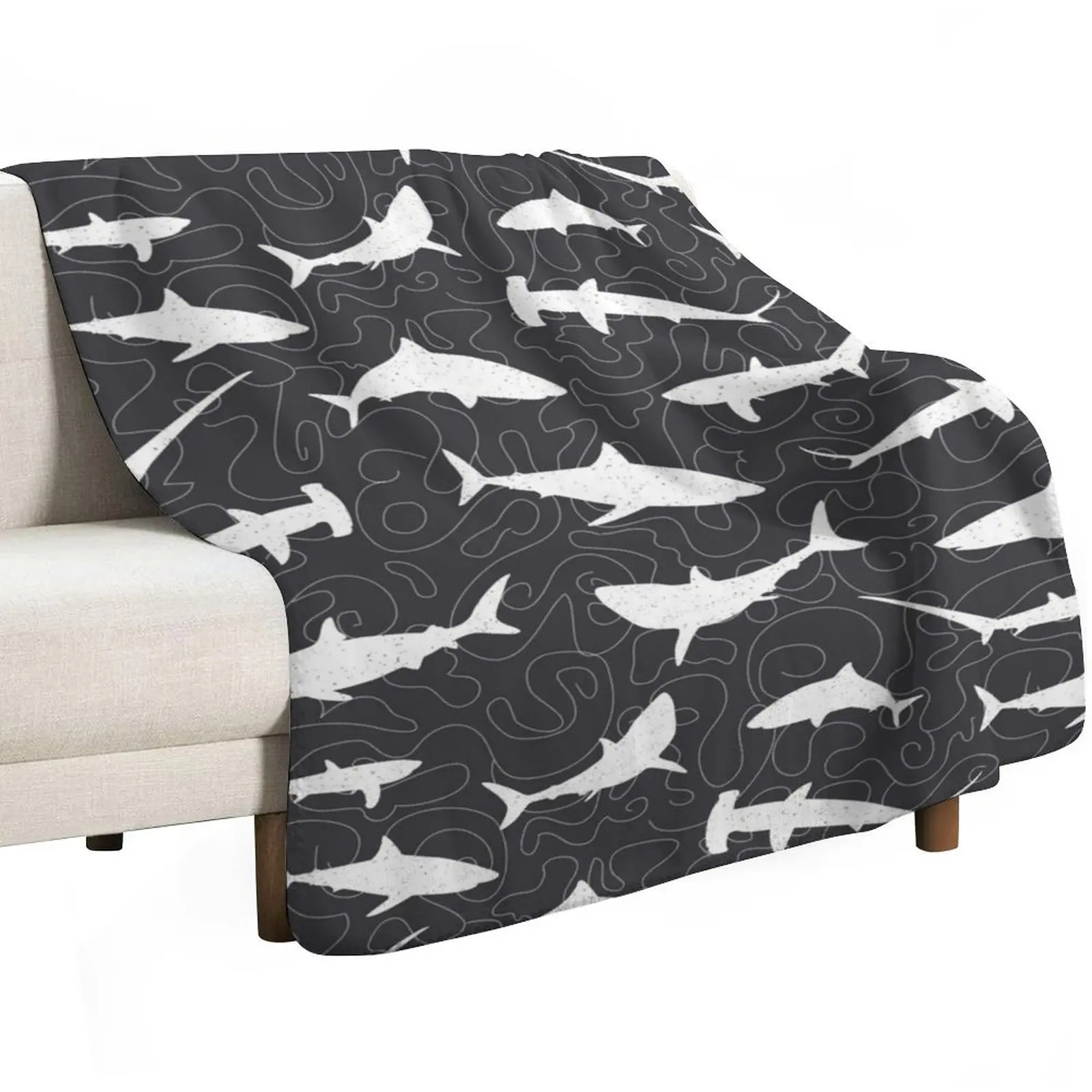 Shark Frenzy Pattern on Charcoal Grey Throw Blanket For Baby Sofa halloween Bed linens Beach Hairy Blankets