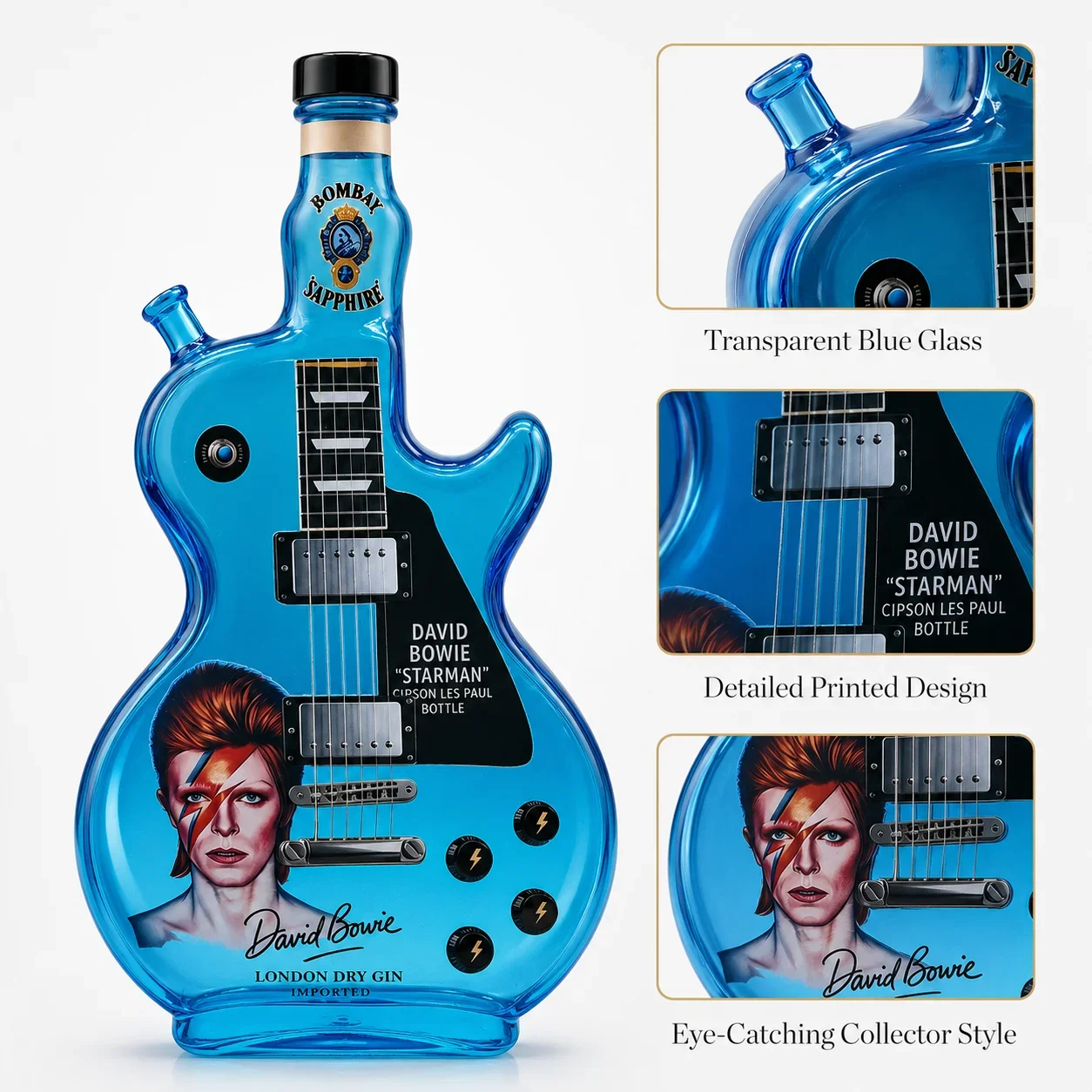 David Bowie Guitar Shaped Blue Glass Decanter Whiskey Bottle Rock Music Fan Collectible Home Bar Decor Gift For Rock Enthusiasts