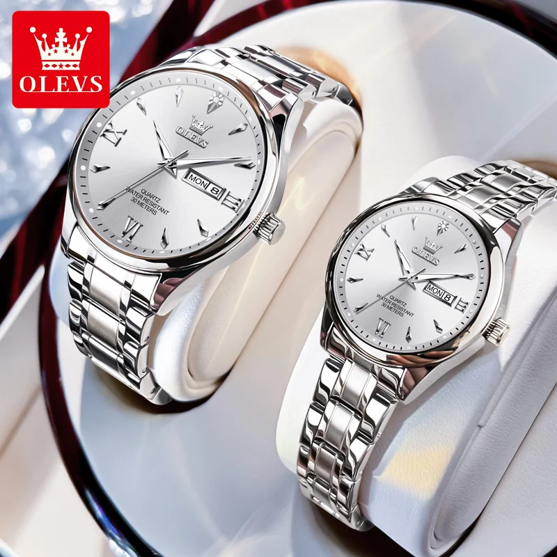 OLEVS 9806 Merkhorloge voor koppels, kalender, waterdicht, lichtgevend, quartz horloge voor heren en dames, origineel modehorloge voor liefhebbers.