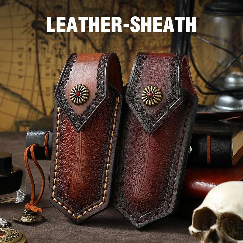 Brown Fold Knife Scabbard Tool Flashlight Belt Loop Case Holder Leather Sheath Pocket Hunt Camp Outdoor Carry Equipment