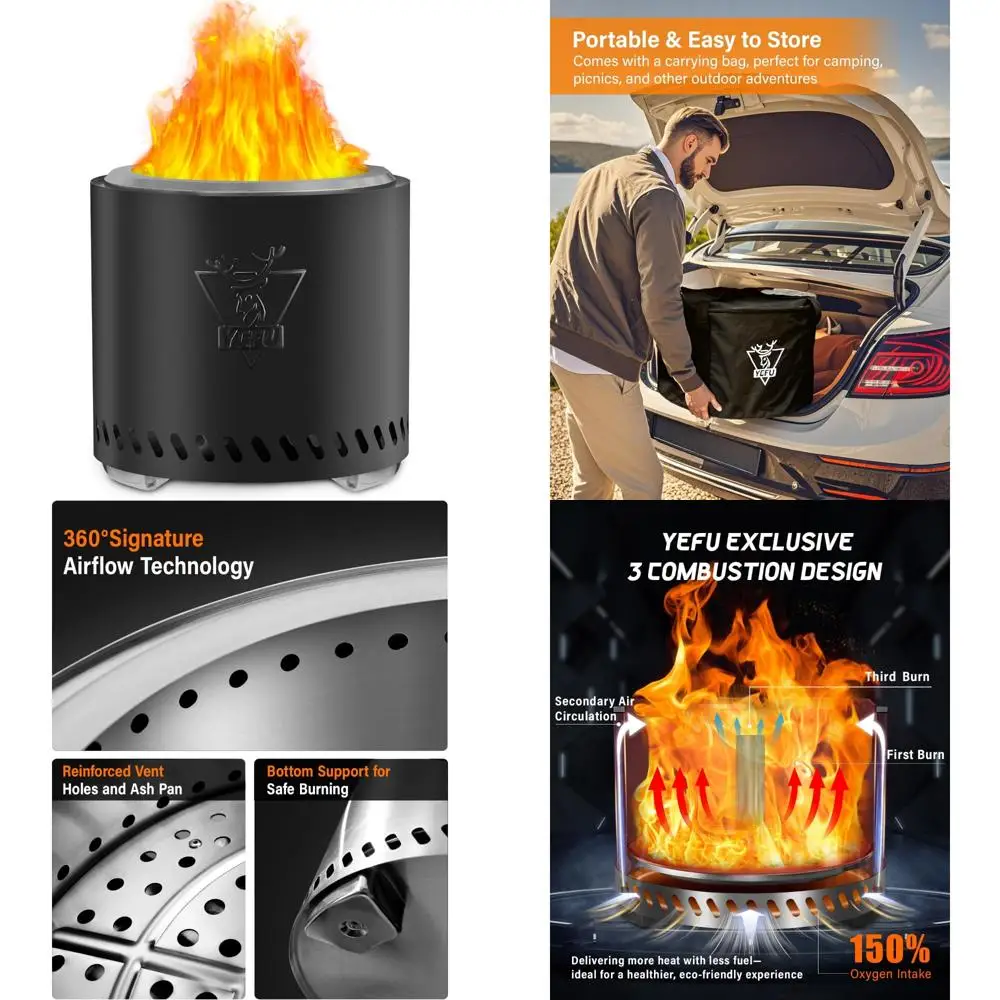 

Smokeless Outdoor Fire Pit - 15 Inch Stainless Steel Ash Pan Removable, Silver Finish