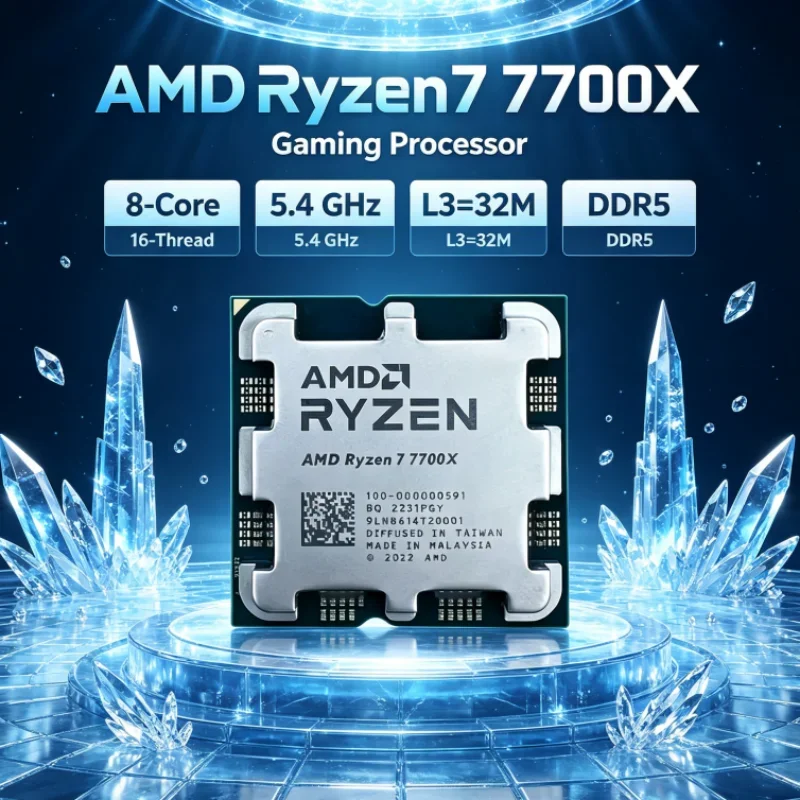 AMD Ryzen 7 7700X 32MB L3 Desktop Processor DDR5 8-Core 16-Thread Socket AM5 5nm UP to 5.4GHz Gaming Processor Unlocked