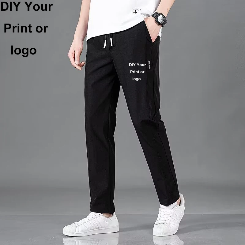 Men\'s Logo Customized Ice Silk Pants Solid Color Loose Breathable Straight Tube Casual Pants Quick Drying Sports Pants