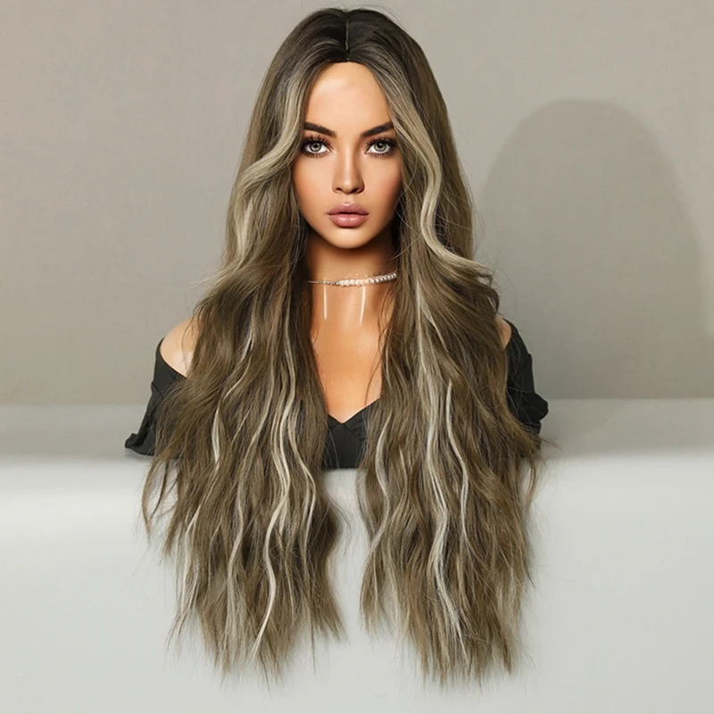 Female Long Curly Hair Center Parted Wig Bangs Water Ripple Chemical Fiber Wig Wig image 5