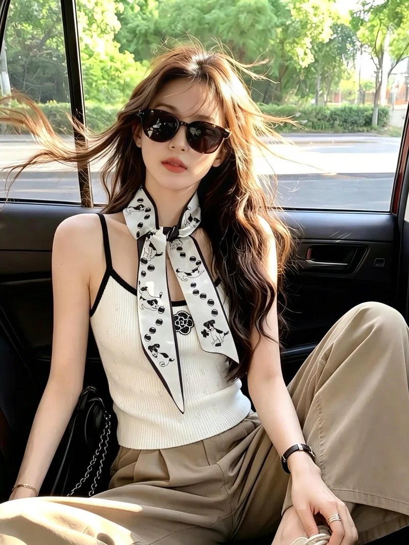 

Summer Korean Style Slim Fit Knitted Vest Women's Self-Keeping Recommendation Silk Scarf Strapless Top without Sleeves
