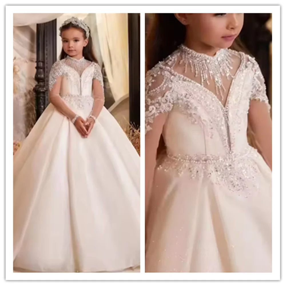 Vestido de menina flor com lantejoulas e miçangas para crianças, festa de aniversário, casamento, primeira comunhão, vestidos de manga completa