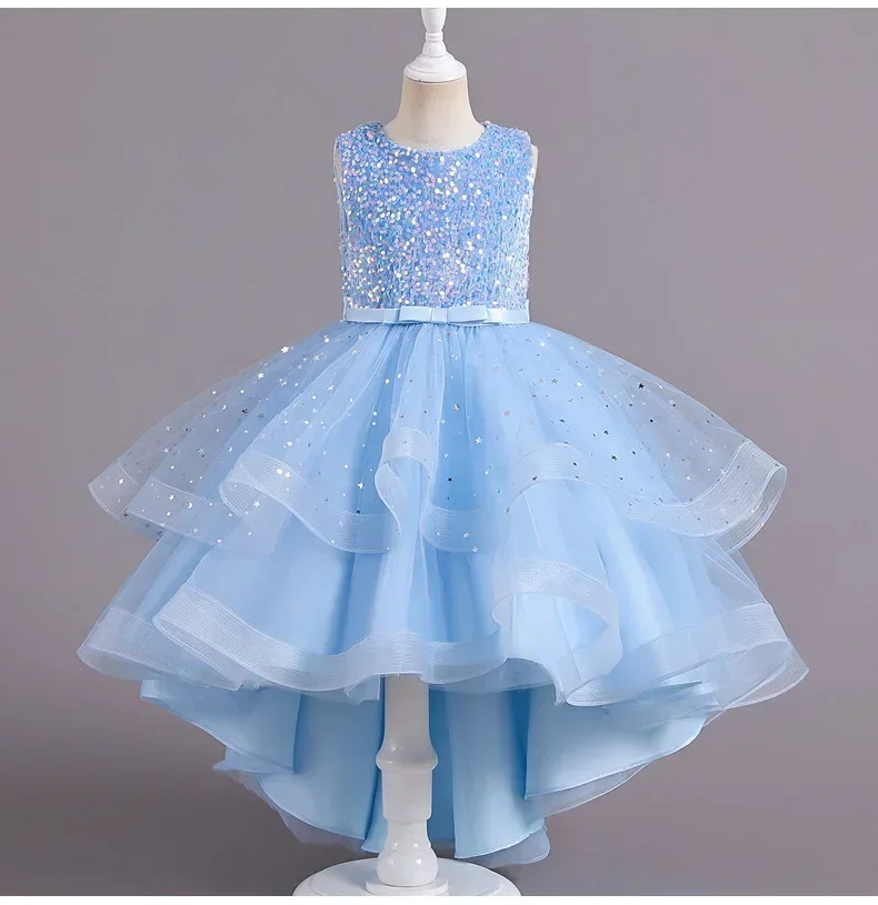 

Shiny Sequin Hi-Lo Child Flower Girl Dresses Birthday Tulle Sleeveless Bow Starry Princess Kids Wedding Party Formal Gown