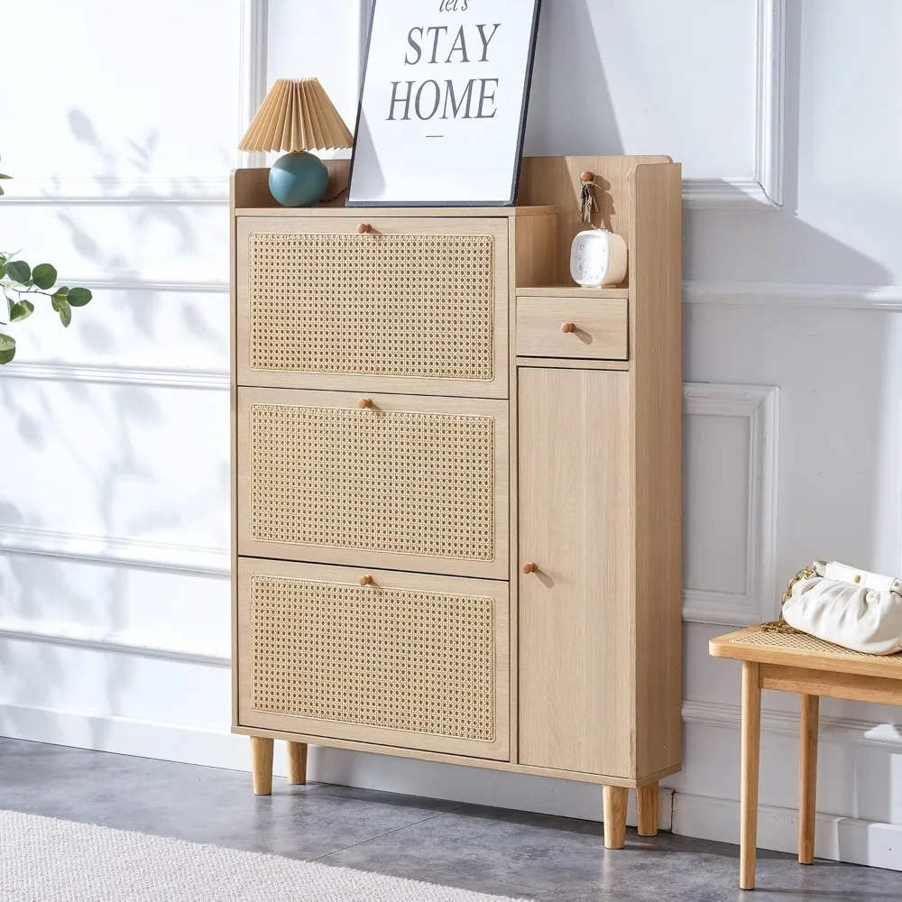 

Chinese Style Shoe Cabinet, Thin Entrance Shoe Storage Cabinet, Hidden flip Bucket Shoe Cabinet with 3 flip Drawers, Shoe Rack O
