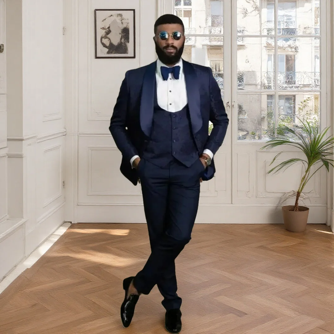 

Solid 3 Pieces Navy blue Business Formal Men's Slim Fit Suits Wedding Groom Prom Terno Masculino Jacket Vest Pants Tailor Sets