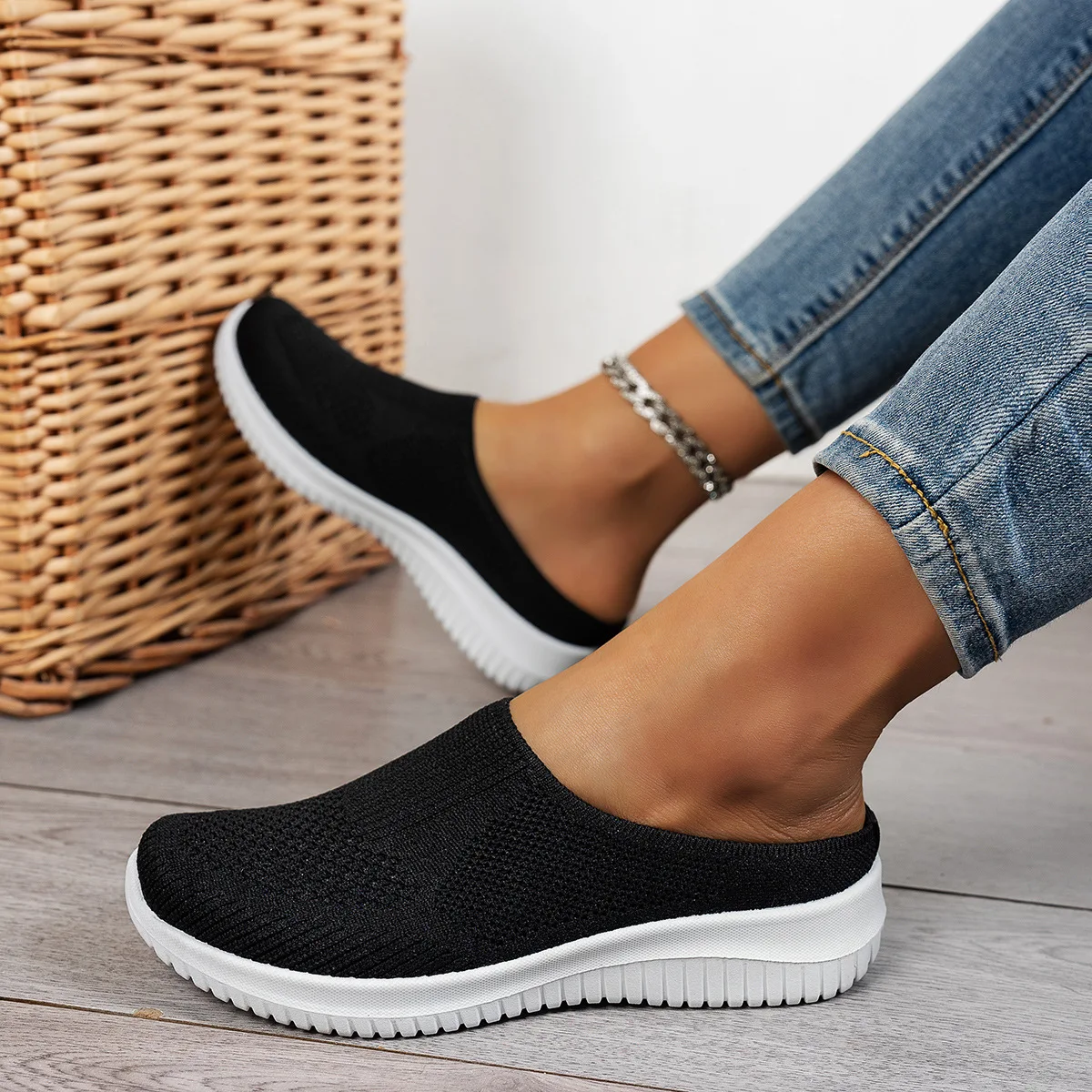 Polyester Rückenfreie Slip-On Mules für Damen, Atmungsaktiv, Rutschfest, Weiche EVA-Einlegesohle, Niedriger Absatz, Tägliche Geh- und Freizeitschuhe – Detail 1
