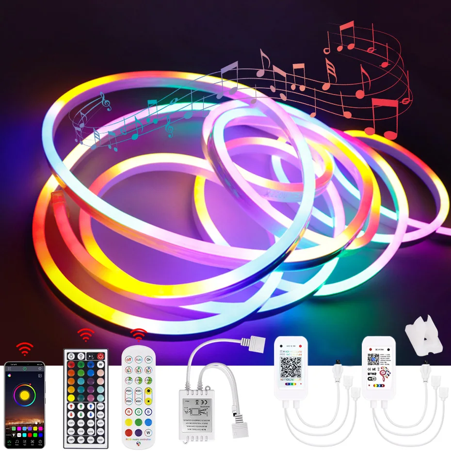 Tuya inteligente 12v led neon strip rgb impermeável fita de luz silicone decoração regulável com wifi bluetooth app ir controle remoto