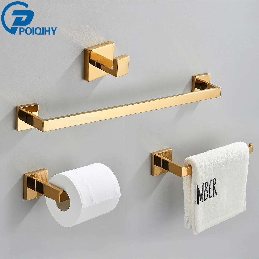 

POIQIHY Gold Bathroom Accessory Set Robe Hook Towel Bar Toilet Roll Paper Holder Towel Ring Wall Mounted SUS304 Stainless Steel