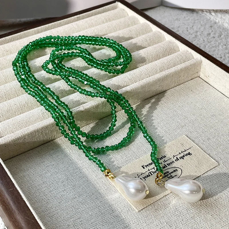 HangZhi Fashionable Pearl Green Beaded Long Necklace Multiple Wearing Sweater Chain French Vintage Jewelry for Women New