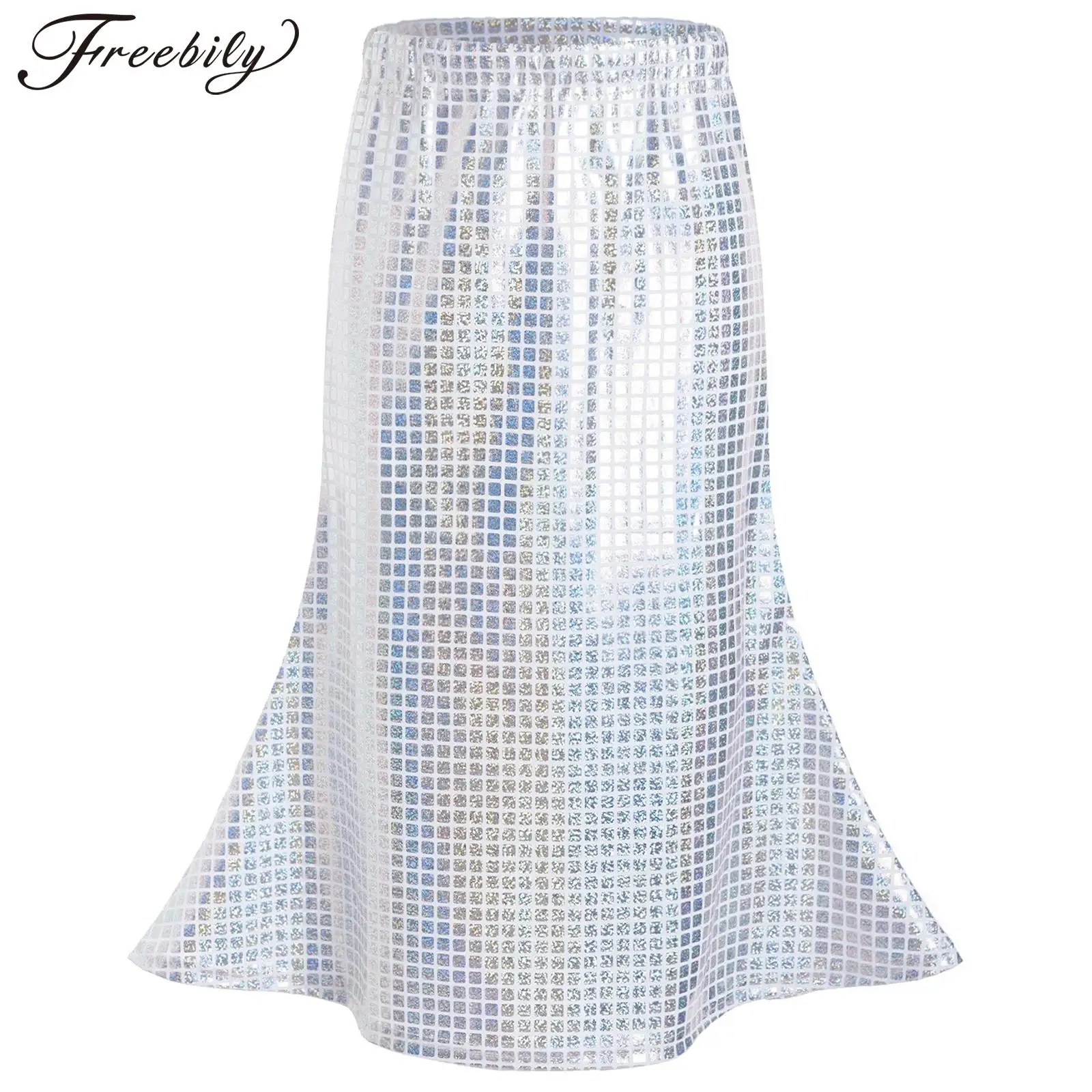 Girls Metallic Plaid Skirts Elastic Waistband Skirt for Mermaid Cosplay Halloween Costume Masquerade Role-Playing Outfits