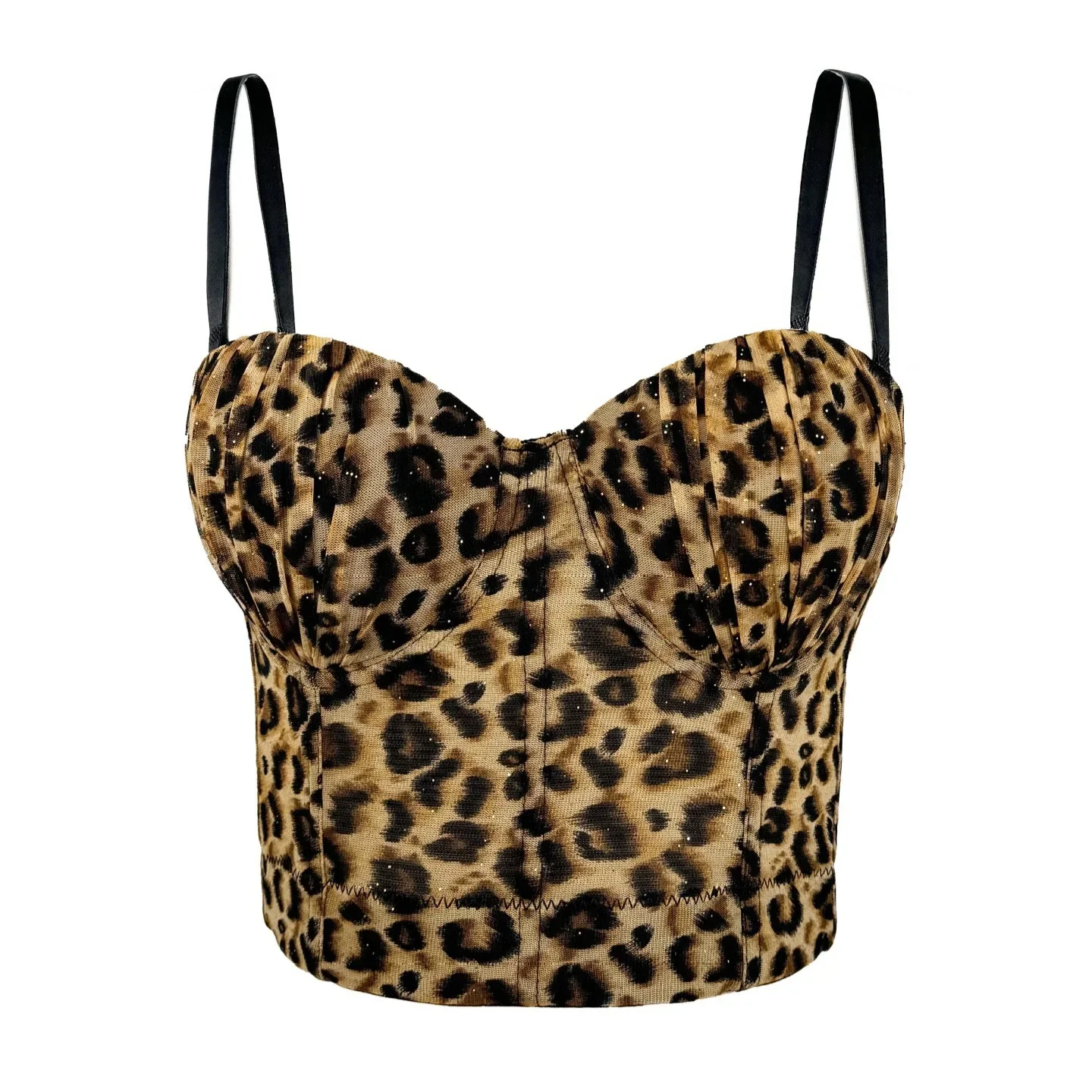 Sexy Leopard Print Pleats Tank Cami Fishbone Bustier for Women Summer Crop Top for Outwear Outfit Underwear Backless Push Up Bra