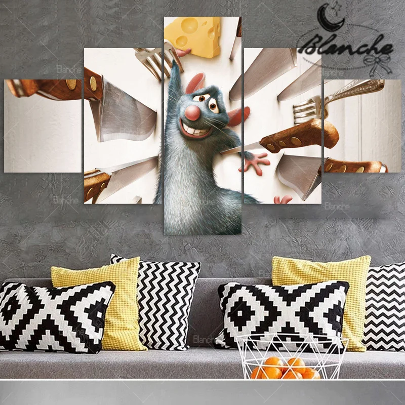 Disney Anime Movie Ratatouille Rat Remy Knife Fork 5 Pieces Canvas Painting Wall Art Modern For Kids Living Room Home Decoration