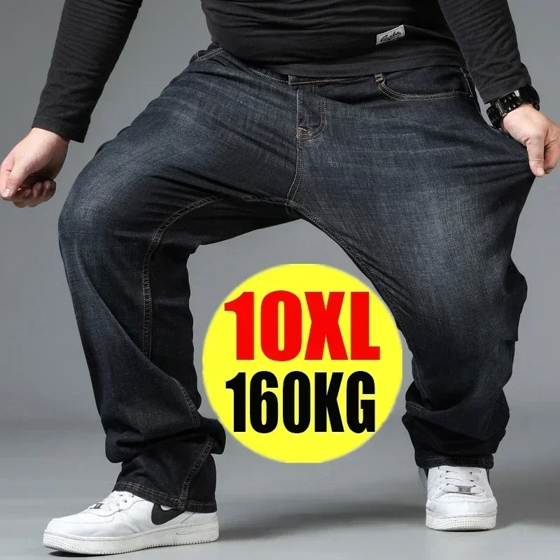 10XL Oversize High Waist Loose Trousers Husband Plus Size Loose Denim Trousers Blue Male Denim Pants Mens Large Size Black Jeans