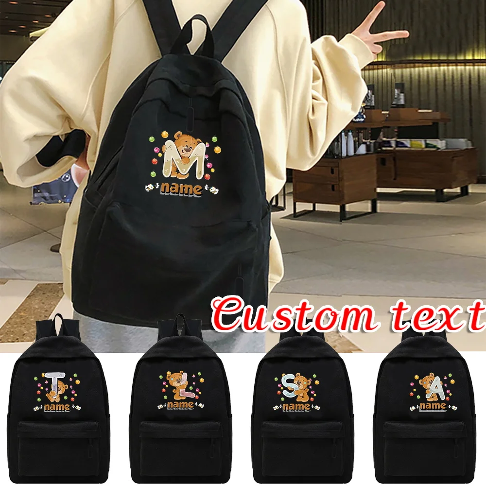 

Personalized Customization Name Black Canvas Backpack Unisex Backpack Casual Travel Backpack Cartoon Bear Pattern Series