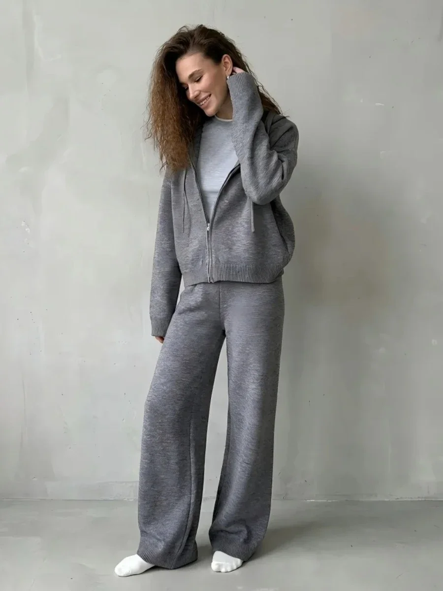 Women's Casual Two-piece Fashionable Zipper Drawstring Hooded Top and Pants Set Suitable for Casual Autumn Daily Wear