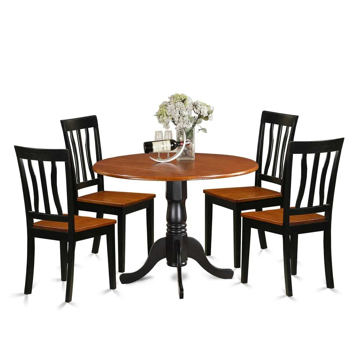 5 Piece Dining Table Set Round Dropleaf Table 4 Solid Wood Seat Chairs 42x42 Inch Black & Cherry, Customized