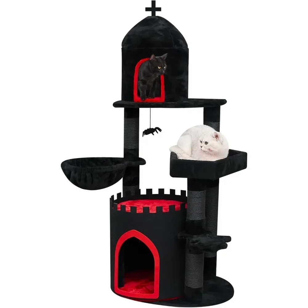 

56in Black Cat Tower with Coffin Cat Bed, Spacious Cat Condo