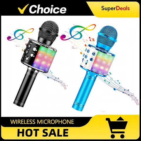 LED Karaoke Microphone, Wireless Mic with 5 Light Modes and 4 Voice-Changing Modes, Bluetooth Speaker Compatible with Smartphone