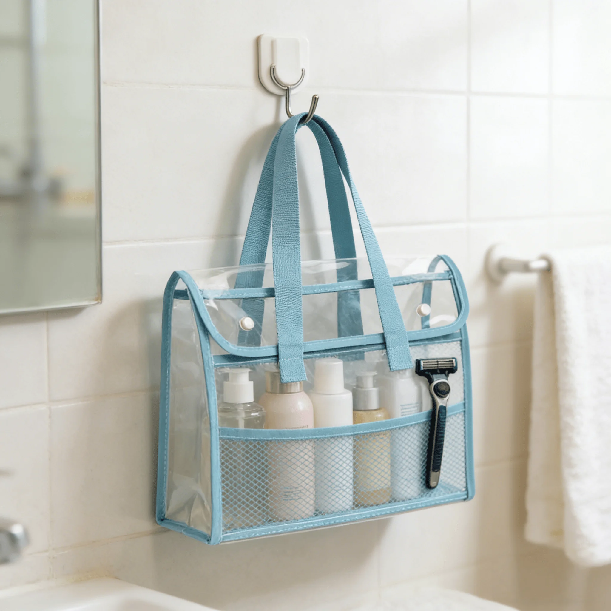 33x26cm Clear Storage Bag Blue, Mesh Organizer Pouch with Handle, 1PC Waterproof Tote for School Office Travel, 9cm Depth