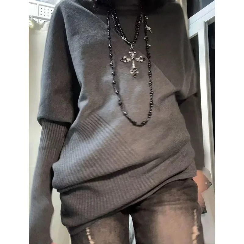 Maglione grigio retrò americano da donna 2025 autunno collo alto irregolare sciolto stile pigro morbido e appiccicoso maglione lavorato a maglia casual top