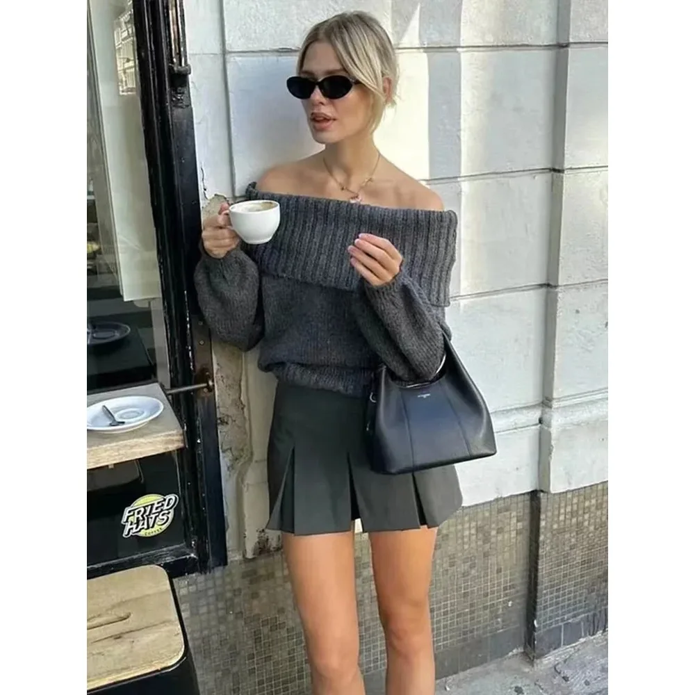 Women Fashion Solid Off Shoulder Sweater Long Sleeve Knitted Pullover Sweater Autumn Female Casual Knitwear Chic Top