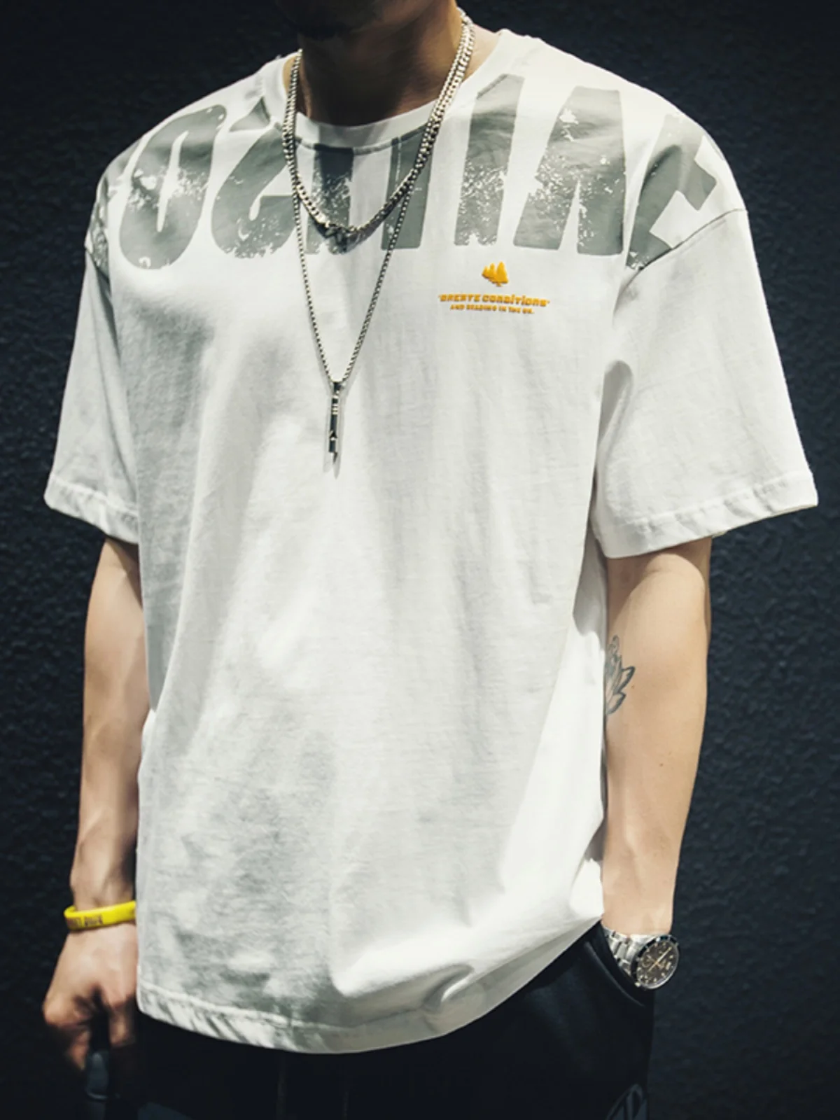 

Summer Loose Fit Cotton T-Shirt Men's Printed Half Sleeve Fashionable White Youthful Breathable round Neck Short Sleeve Tee