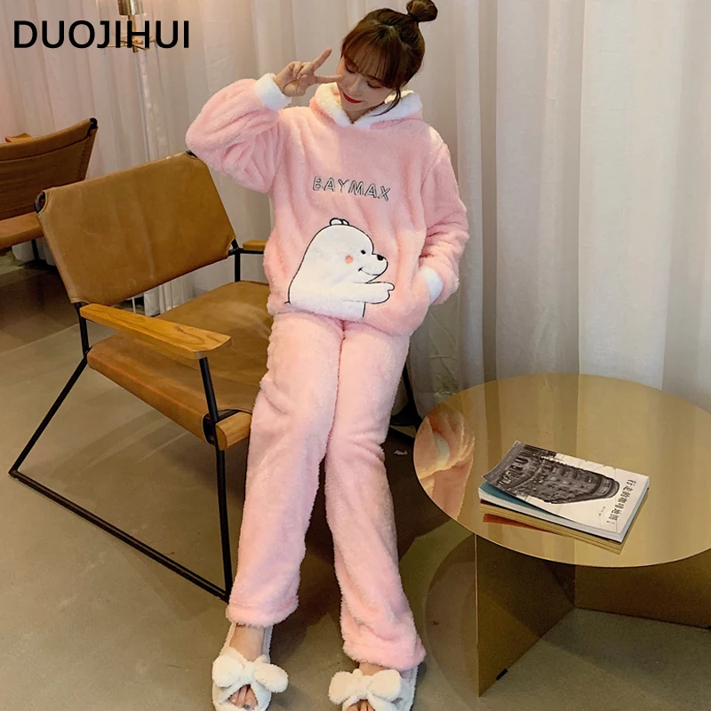 Duojihui Tweedelige Capuchon Pullover Basic Broek Losse Pyjama Voor Dames Winter Chique Print Eenvoudige Casual Mode Dames Pyjama Set