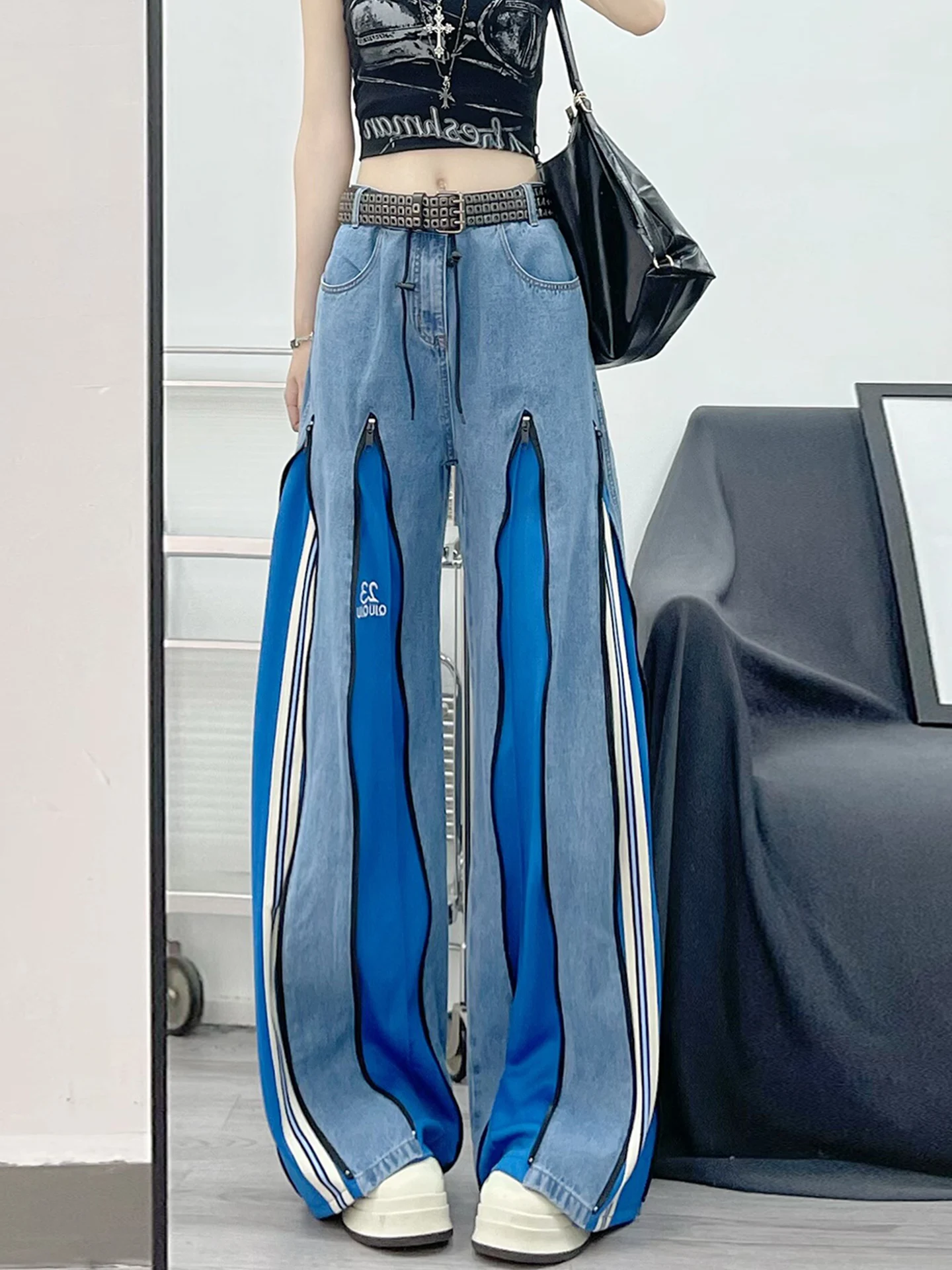 

American Retro Color Block High Waist Loose Women's Jeans Autumn Zipper Wide Leg Pants Casual Style Blue Denim Fabric