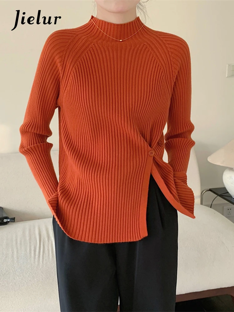 Jielur Half High Collar Knitted Sweater Women Autumn Side Split Apricot White Tops Casual Simple Office Lady Female Knitwear